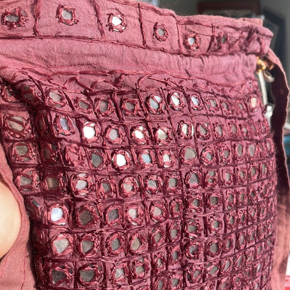 Glass Beaded Detail Burgundy Crossbody Tote * Boho * Hippie * Ethnic * Handmade - Picture 9 of 15
